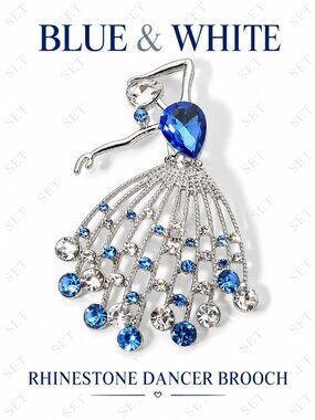Blue White Rhinestone Ballerina Brooch Silver Tone Dancer Pin Zeta Member Gift
